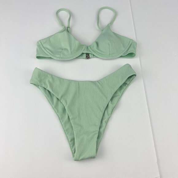 Shein  Green Ribbed  Underwire Bikini Swimsuit M NWT - Picture 2 of 6